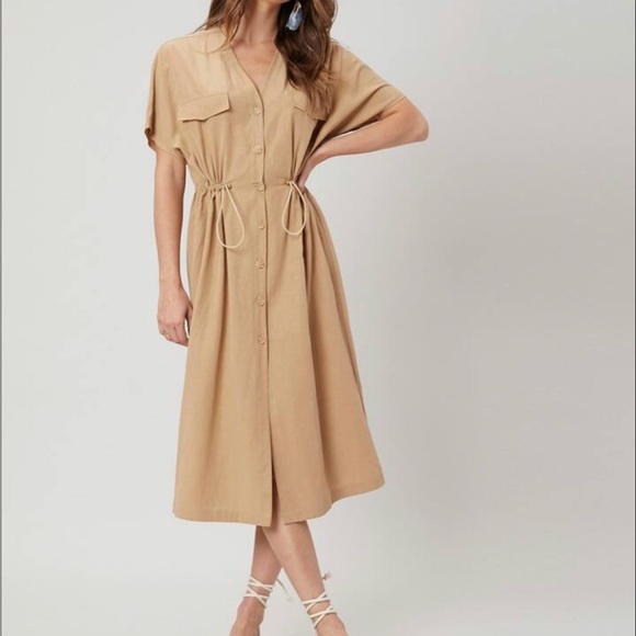 Mango Utility Drawstring Khaki Beige Mocha Brown Midi Linen Dress size S - Picture 5 of 11